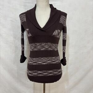 Vtg Y2K ribbed collared chocolate & cream sweater blouse sz medium